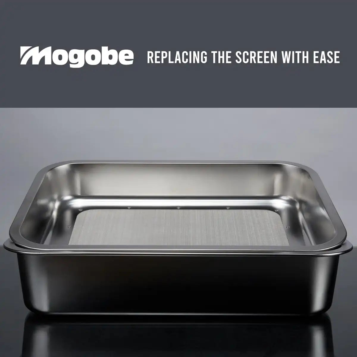 Mogobe Trim Tray with Detachable 150 Micron Screen, Made of Stainless Steel, 19.5*13.5 inches, side view on glass