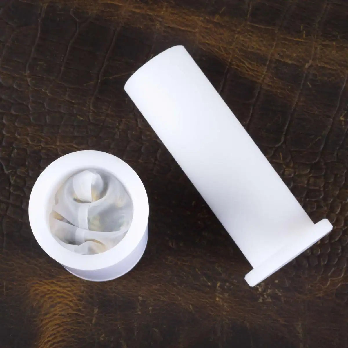 mogobe Cylinder Pre-Press Mold, for 2x4 and 2x4.5 Inches Pressing Filter Bags, showing the bag inside, top view